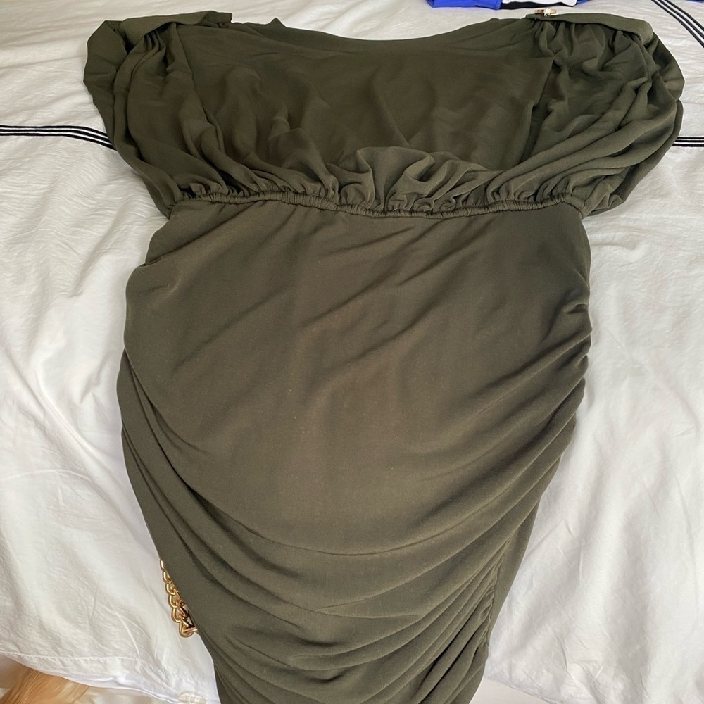 Retrofete- Olive Green “Chessie” Mini Bodycon Dress with Gold Chain Detail - Picture 9 of 14